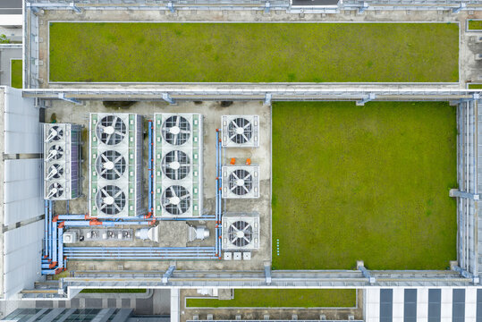 Aerial View Industrial HVAC Cooling System Building Rooftop