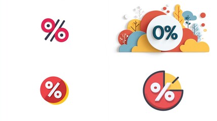 Four digital illustrations of percentage symbols graphic design, 0%, with colorful paper cutout art