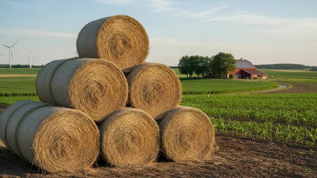 Ecofriendly agricultural scene with medium shot of biodegradable net wraps made from natural fibers protecting stacked hay bales.