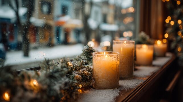 Lit candles next to Christmas decorations in a window overlooking the street in winter - Powered by Adobe