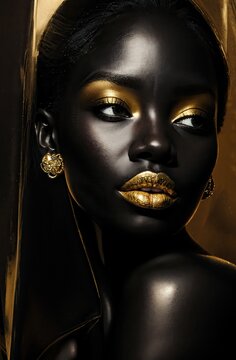 black woman african model Striking Beauty Portrait with Gold Metallic Makeup  
