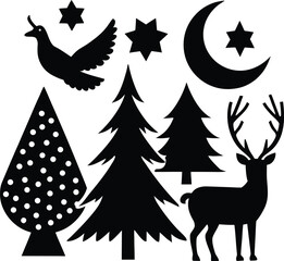 A vector set of deer and reindeer silhouettes illustrating wildlife in a winter forest with snowflakes and trees for Christmas and nature design