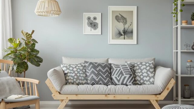 Bright Scandinavian-style living room with a wooden sofa, patterned cushions, minimalist decor, and green plants adding freshness and balance