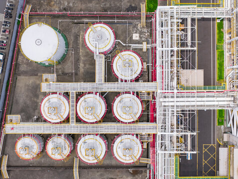 Aerial Chemical Plant Storage Tanks View