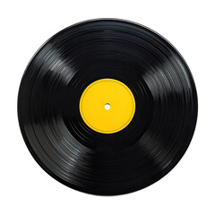Black vinyl record with yellow center label, grooves visible