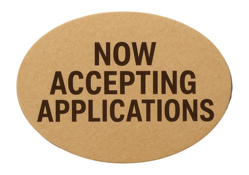 Brown oval sticker with NOW ACCEPTING APPLICATIONS message in bold font, effective recruitment promo offer on transparent background.