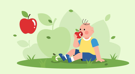 Fototapeta premium Child Eating Apple In Nature: A Simple And Charming Vector Illustration