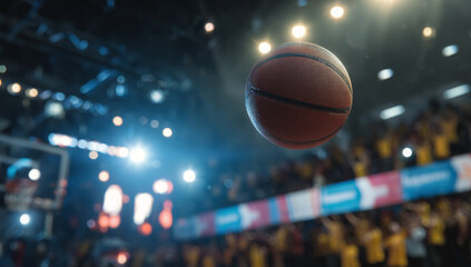 Basketball in motion above a blurred crowd a dynamic shot capturing the excitement of a live game perfect for sports marketing