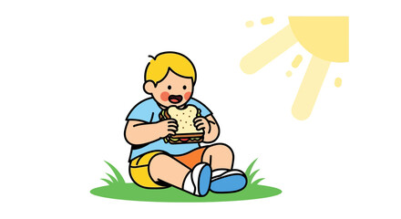 Naklejka premium Child Enjoying A Delightful Sandwich Under Sunshine During A Sunny Day