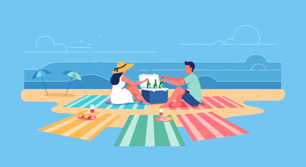 Coastal Picnic Illustration: A Relaxing Beach Scene With Refreshing Beverages and Leisure