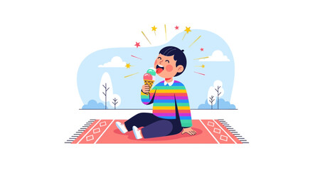 Obraz premium Child Enjoying Ice Cream on Blanket in Colorful Illustration with Vibrant Background