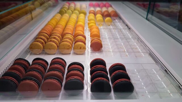 A stunning and colorful arrangement of macarons in a charming pastry shop can entice numerous customers to visit