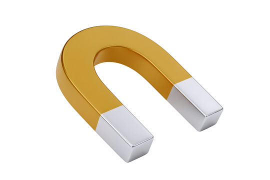 A classic horseshoe magnet with yellow and white ends isolated on transparent background