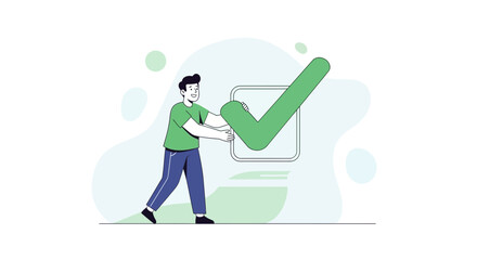 Fototapeta premium Completing Task, Man Holding Huge Check, Positive Approval, and Success Illustration