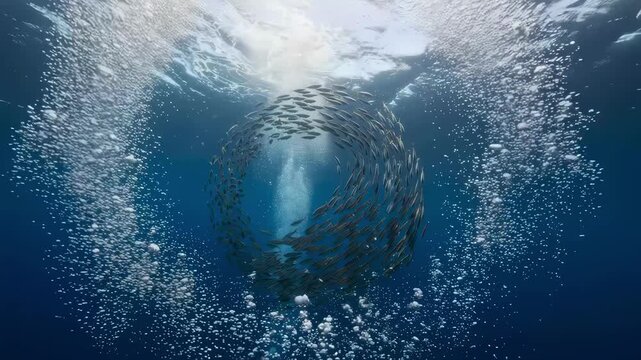 Medium shot capturing a circular bubble net barrier from below highlighting the swirling air bubbles creating a protective ring around a group of fish