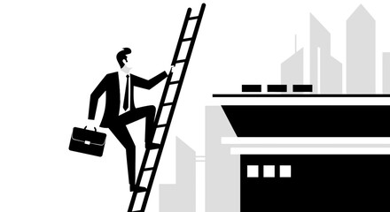 Conceptual illustration for Business with a businessman climbing upward on a ladder to success