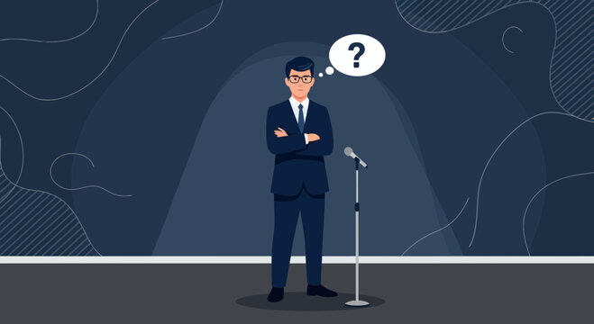 Conceptual illustration depicting a man on stage with a question mark above his head