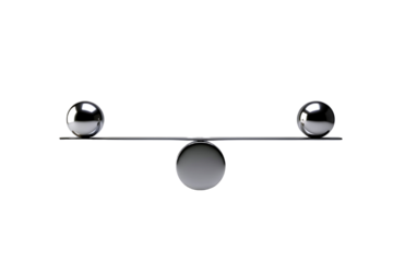 Two shiny metallic spheres balanced on a simple scale isolated on transparent background