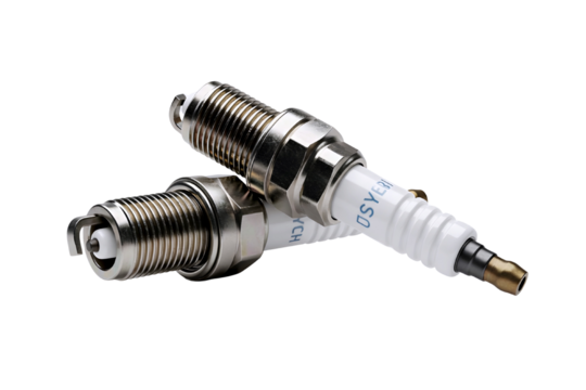 Two automotive spark plugs for internal combustion engines isolated on transparent background