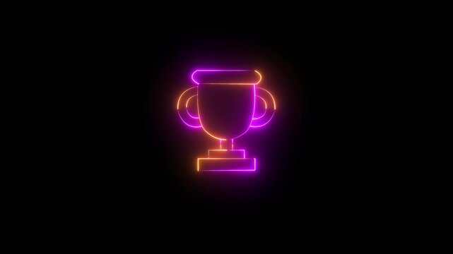 Orange and purple neon outline of a trophy icon on a black background award winner