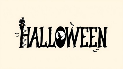 Obraz premium Halloween horizontal banner with vector logo. The inscription with ominous tree branches, bats and a pretty witch on a background of the full moon.
