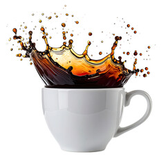 Coffee splash erupting from a white mug against a black background