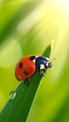 Naklejka premium Close-up of ladybug on a blade of green grass