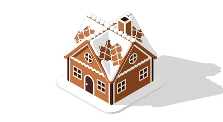 Festive isometric gingerbread house with snow-covered roof illustration