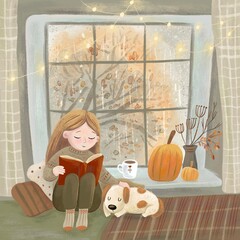 Cozy Autumn Reading with  a Dog by the Window