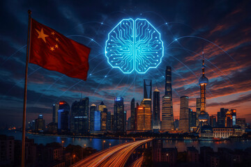 Concept image showing glowing AI brain symbol above futuristic Chinese city skyline at sunset, symbolizing artificial intelligence growth and technology development.
