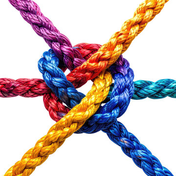 Braided, colorful ropes form a complex knot, illustrating connection and teamwork