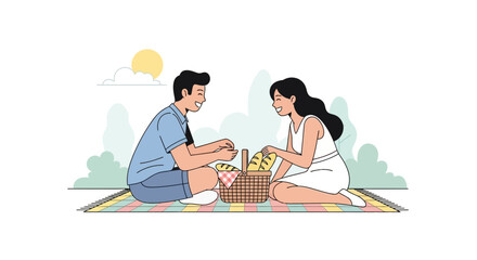 Couple enjoying a picnic together in an outdoor setting with food and drinks