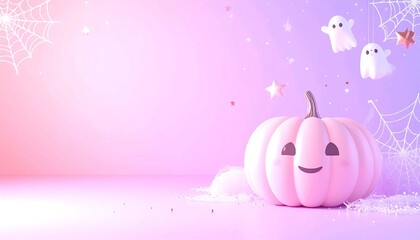 Dreamy pastel pink kawaii Halloween background with cute pumpkin and sparkling stars