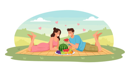 Couple Enjoying A Summertime Picnic On A Blanket With Fruits And Hearts Displayed