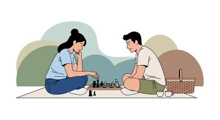 Obraz premium Couple Playing Chess In Park During Picnic, Leisure Engagement And Outdoor Enjoyment.