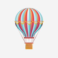 Naklejka premium Classic Striped Hot Air Balloon Illustration with Basket in Blue, Red, and Orange on a Light Background