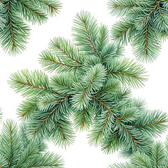 Obraz premium Repeating pattern of green evergreen fir branches on a black background