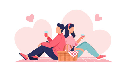 Couple Enjoying Picnic Wine Moment In Romantic Ambiance With Heart Symbols Illustration