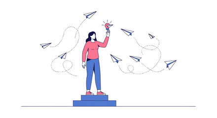 Creative woman holding a lightbulb, surrounded by paper airplanes, flat illustration