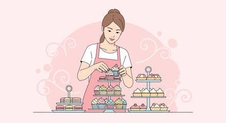 Delightful Baker Composing Tiered Dessert Displays In A Serene, Sweet-Toned Studio