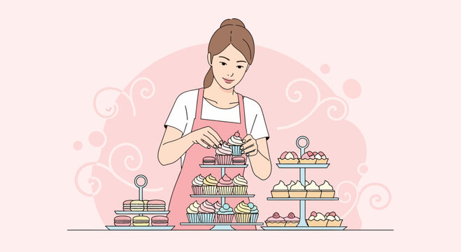 Delightful Baker Composing Tiered Dessert Displays In A Serene, Sweet-Toned Studio