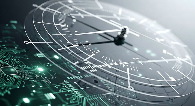 Close up of a clock face with hands and a circuit board design overlayed on the background image