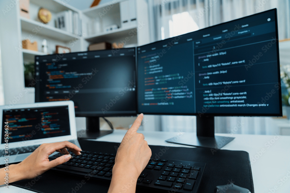 Wall mural cropped hands image of it developer creating with typing information on pc with coding program infor