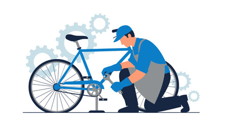 Cycling Technician Fixing A Blue Bicycle, Repairing Cycle In Workshop, Mechanical Work.