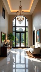 Bright Contemporary Foyer with Stunning Chandelier and Stylish Seating  Create a Welcoming and Impressive First Impression in this Elegant and Spacious Hallway.