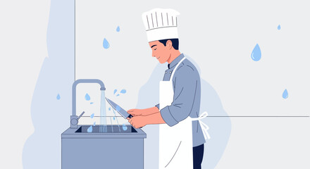 Obraz premium Culinary Skill Showcased Chef's Practice of Knife Cleansing Amidst Water Droplets Accents