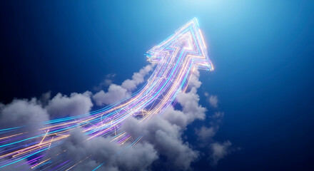 Glowing arrow pointing upwards through clouds against a blue gradient sky background design element
