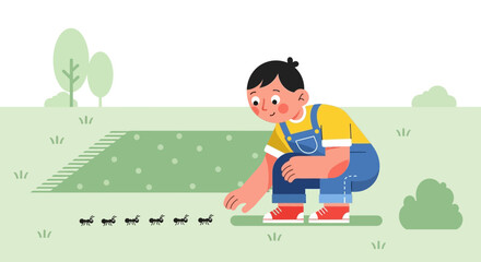 Curious Child Observing Ants On A Sunny Day In The Park With Cute Illustrations