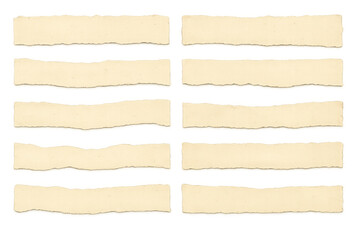 Fototapeta premium Collection of torn paper strips with ripped edges, blank beige recycled paper texture for notes, labels, price tags