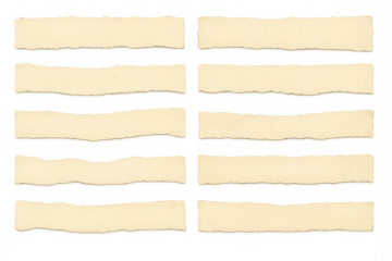 Collection of torn paper strips with ripped edges, blank beige recycled paper texture for notes, labels, price tags